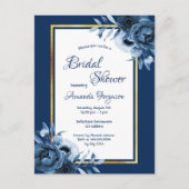 ネイビーブルー花模様金ゴールドブライダルシャワー招待 ポストカード (正面)
