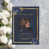 ネイビーブルー花模様金ゴールド写真葬儀プログラム