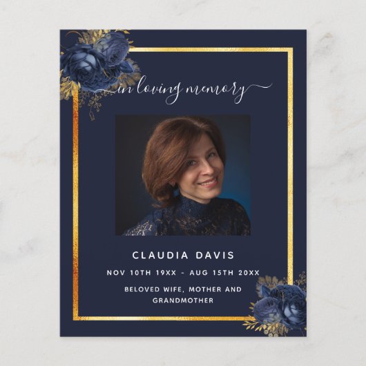 ネイビーブルー花模様金ゴールド写真葬儀プログラム (正面)