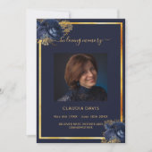 ネイビーブルー花模様金ゴールド写真葬儀プログラム ノートカード (正面)