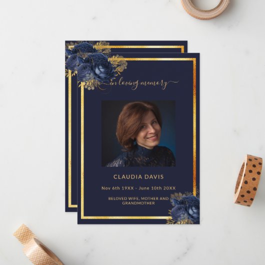 ネイビーブルー花模様金ゴールド写真葬儀プログラム ノートカード (正面/裏面インサイチュ)