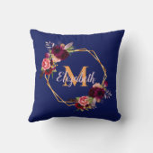 ネイビーブルー花模様金ゴールド幾何学的モノグラム名 クッション (裏面)