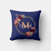 ネイビーブルー花模様金ゴールド幾何学的モノグラム名 クッション (正面)