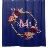 ネイビーブルー花模様金ゴールド幾何学的モノグラム名 シャワーカーテン (正面)