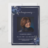 ネイビーブルー花模様銀写真葬儀プログラム ノートカード (正面)