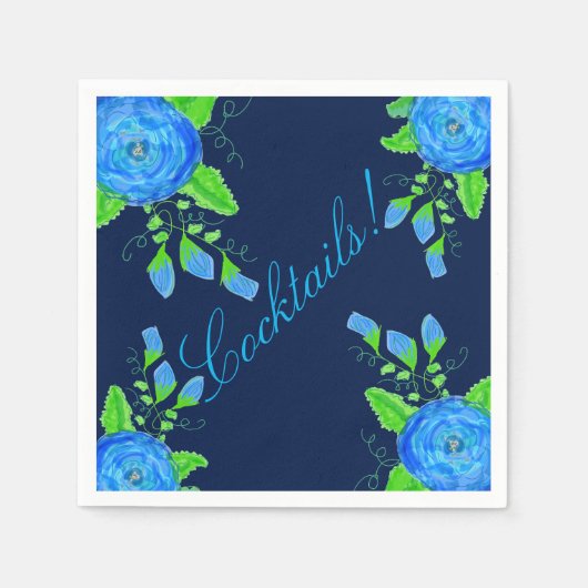 ネイビーブルー花 スタンダードカクテルナプキン (正面)