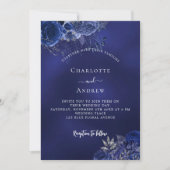 ネイビーブルー花QRコードRSVP 結婚's 招待状 (正面)