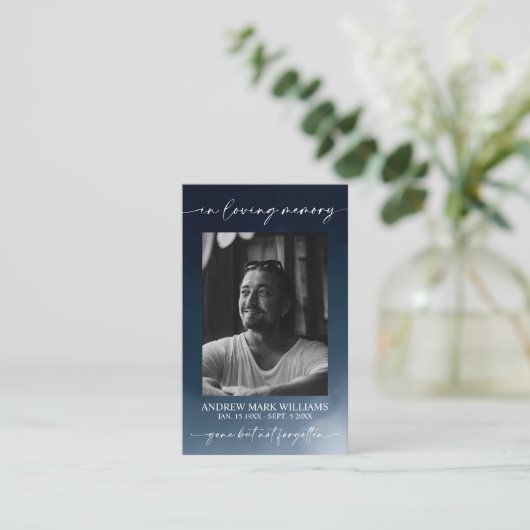 ネイビーブルー葬儀記念祈りの言葉フォトカード 名刺 (スタンド正面)