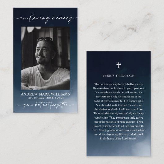 ネイビーブルー葬儀記念祈りの言葉フォトカード 名刺 (正面/裏面)