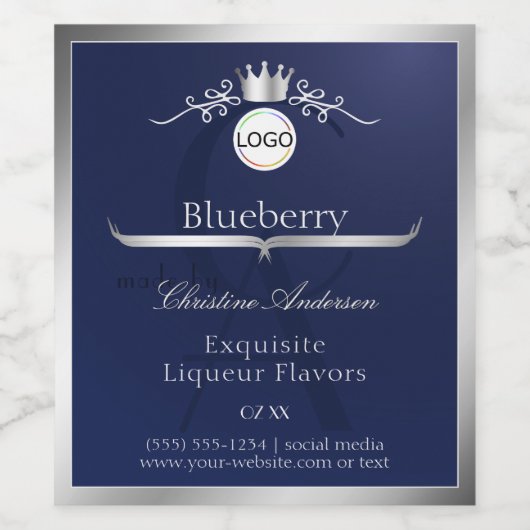 ネイビーブルー製品ラベル シルバーフレーム ロゴ モノグラム ワインラベル (シングルラベル)