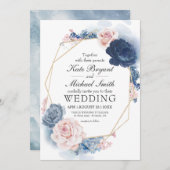 ネイビーブルー赤面ほこりっぽいフローラ金ゴールド結婚フレーム 招待状 (正面/裏面)