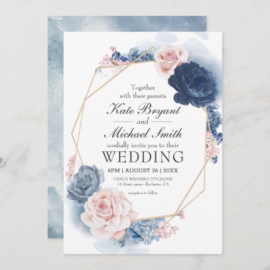 ネイビーブルー赤面ほこりっぽいフローラ金ゴールド結婚フレーム 招待状 (正面/裏面)