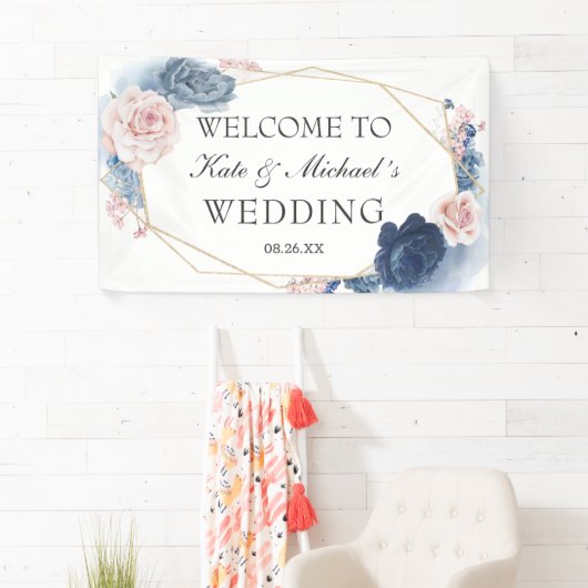 ネイビーブルー赤面ほこりっぽいフローラ金ゴールド結婚フレーム 横断幕 (インサイチュ)