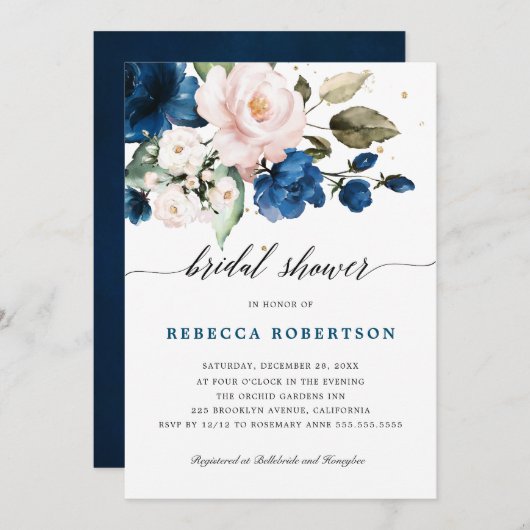 ネイビーブルー赤面ウォーターカラーフローラブライダルシャワー 招待状 (正面/裏面)