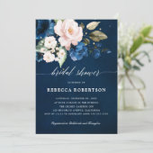 ネイビーブルー赤面ウォーターカラーフローラブライダルシャワー 招待状 (スタンド正面)