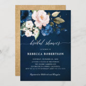 ネイビーブルー赤面ウォーターカラーフローラブライダルシャワー 招待状 (正面/裏面)