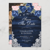 ネイビーブルー赤面ウッドレース結婚フローラの写真 セーブザデート (正面/裏面)