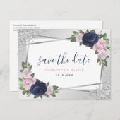 ネイビーブルー赤面シルバーフローラジオメトリック結婚ス 案内ポストカード (正面/裏面)