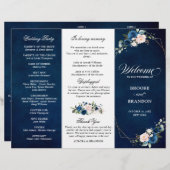 ネイビーブルー赤面バラトリフォールド結婚式 プログラム (正面/裏面)