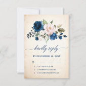 ネイビーブルー赤面バラフローラ素朴カントリーウェディング 出欠カード (正面)