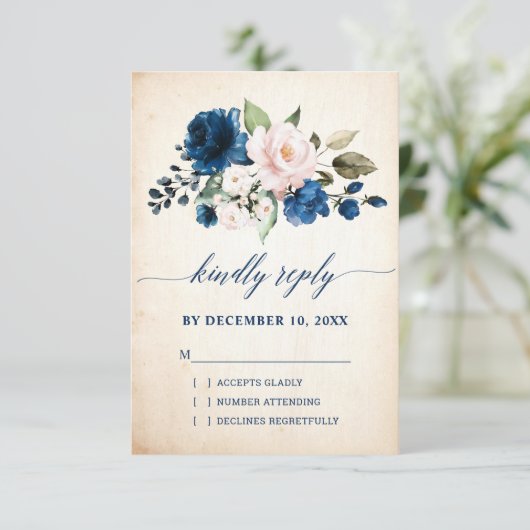 ネイビーブルー赤面バラフローラ素朴カントリーウェディング 出欠カード (スタンド正面)
