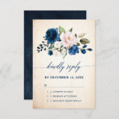 ネイビーブルー赤面バラフローラ素朴カントリーウェディング 出欠カード (正面/裏面)