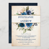 ネイビーブルー赤面バラフローラ素朴カントリーウェディング 招待状 (正面/裏面)