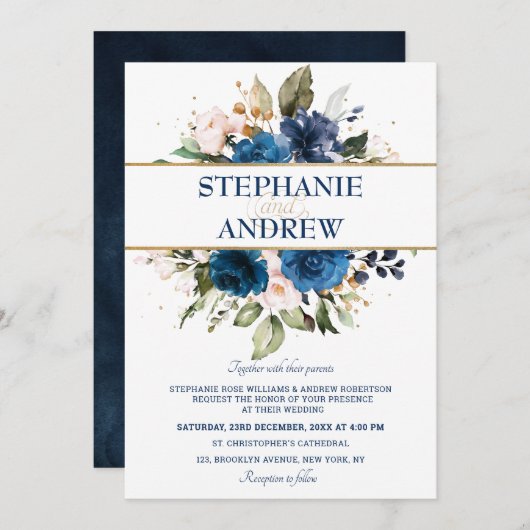 ネイビーブルー赤面バラフローラ素朴カントリーウェディング 招待状 (正面/裏面)