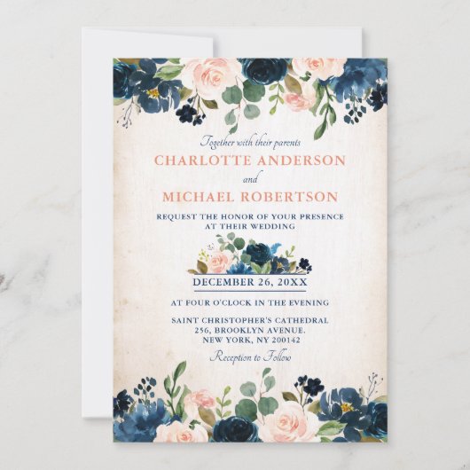 ネイビーブルー赤面バラフローラ素朴カントリーウェディング 招待状 (正面)