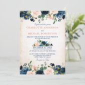 ネイビーブルー赤面バラフローラ素朴カントリーウェディング 招待状 (スタンド正面)