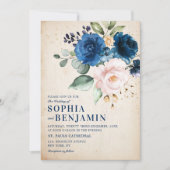 ネイビーブルー赤面バラフローラ素朴カントリーウェディング 招待状 (正面)