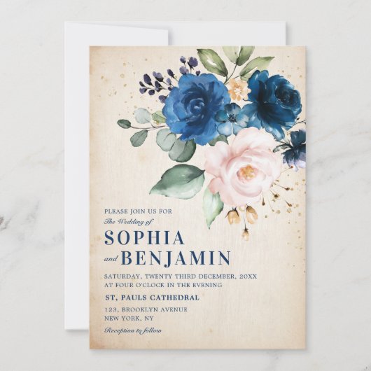 ネイビーブルー赤面バラフローラ素朴カントリーウェディング 招待状 (正面)