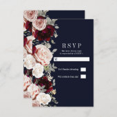 ネイビーブルー赤面バラブルゴーニュフローラウェディングRSVP 招待状 (正面/裏面)