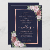 ネイビーブルー赤面バラ金ゴールド結婚フローラ 招待状 (正面/裏面)