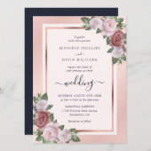 ネイビーブルー赤面バラ金ゴールド結婚フローラ 招待状 (正面/裏面)