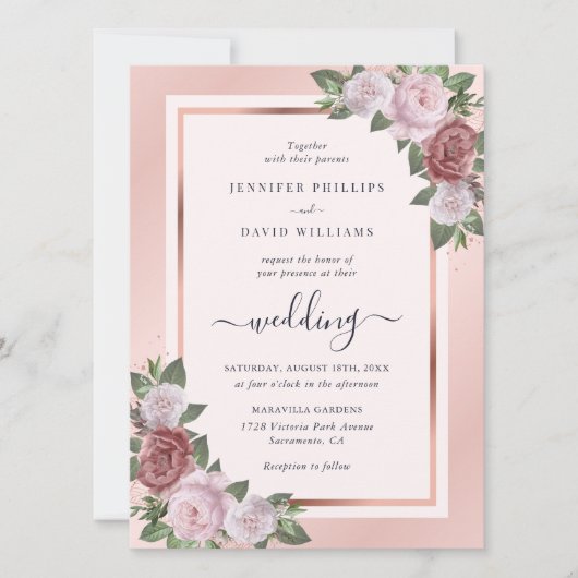 ネイビーブルー赤面バラ金ゴールド結婚フローラ 招待状 (正面)