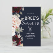 ネイビーブルー赤面バラ&ブルゴーニュフローラスウィート16 招待状 (スタンド正面)