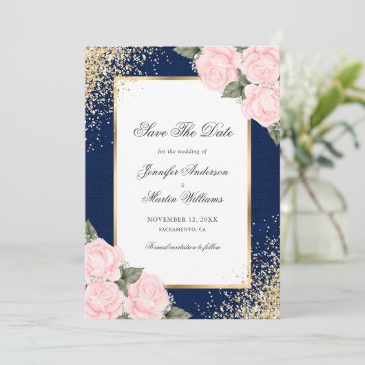 ネイビーブルー赤面ピンクのバラの写真Save The Date セーブザデート (スタンド正面)