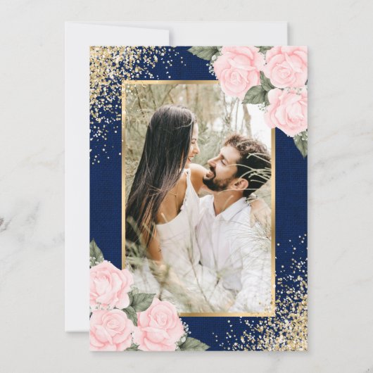 ネイビーブルー赤面ピンクのバラの写真Save The Date セーブザデート (裏面)