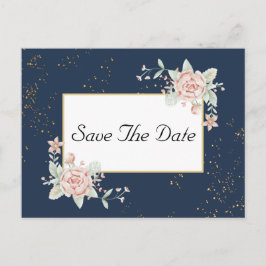 ネイビーブルー赤面ピンクウェディング日付を保存 ポストカード
