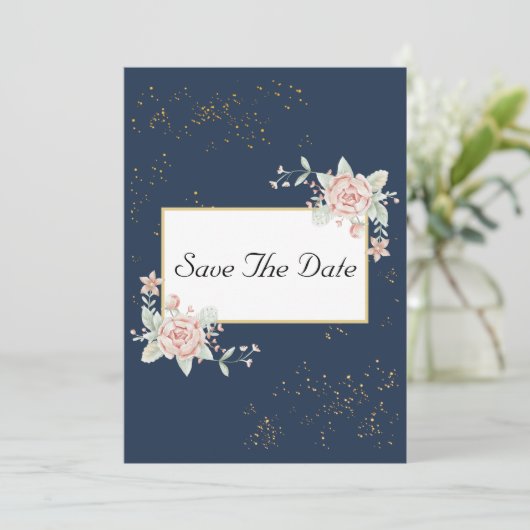 ネイビーブルー赤面ピンクウェディング日付を保存 招待状 (スタンド正面)