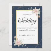 ネイビーブルー赤面ピンクウェディング日付を保存 招待状 (裏面)