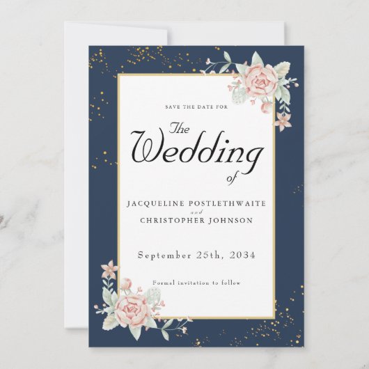 ネイビーブルー赤面ピンクウェディング日付を保存 招待状 (裏面)