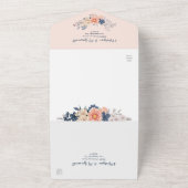 ネイビーブルー赤面ピンクウォーターカラーフローラ結婚ズ オールインワン招待状 (外側)