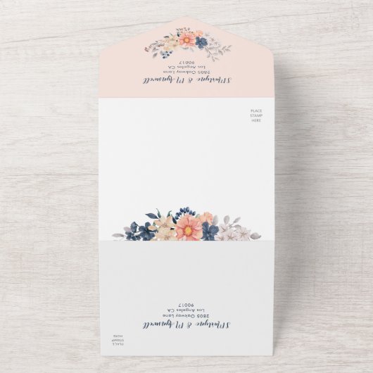 ネイビーブルー赤面ピンクウォーターカラーフローラ結婚ズ オールインワン招待状 (外側)