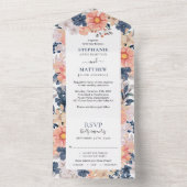 ネイビーブルー赤面ピンクウォーターカラーフローラ結婚ズ オールインワン招待状 (内側)