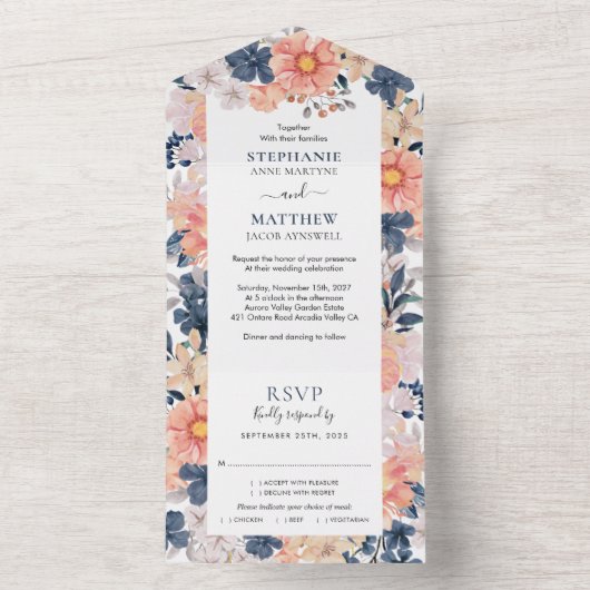 ネイビーブルー赤面ピンクウォーターカラーフローラ結婚ズ オールインワン招待状 (内側)
