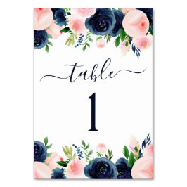 ネイビーブルー赤面ピンクウォーターカラーフローラ結婚ズ テーブルナンバー