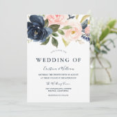 ネイビーブルー赤面ピンクウォーターカラーフローラ結婚ズ 招待状 (スタンド正面)