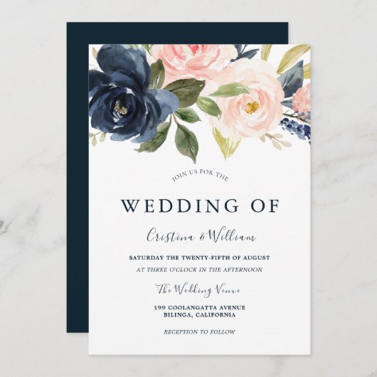 ネイビーブルー赤面ピンクウォーターカラーフローラ結婚ズ 招待状 (正面/裏面)